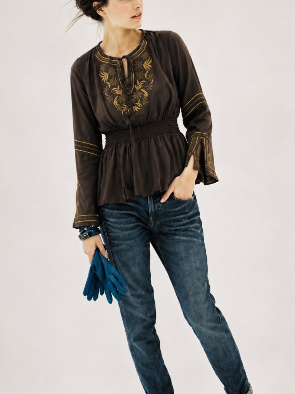 Silk Georgette Embroidered Blouse w/ Waist Smocking (0418)